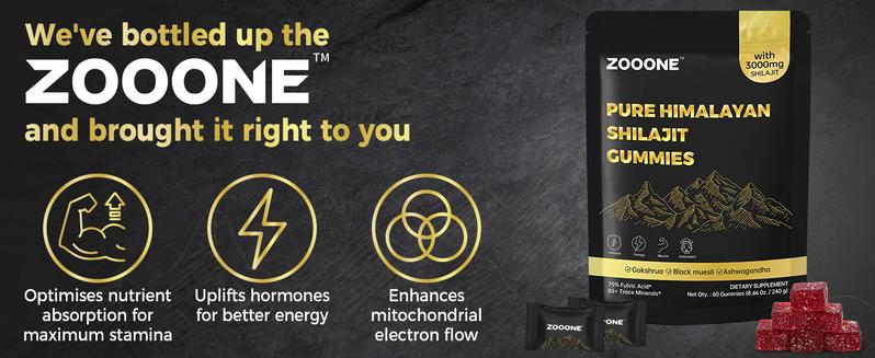 ZOOONE 60 Gummies Pure Himalayan Shilajit Gummies Gold I Lab Tested I No Added Sugar I Ashwagandha, Gokshura| Fulvic Acid & 85+ Trace Minerals I for Men, Women I Non-GMO I 100% Natural & Organic I