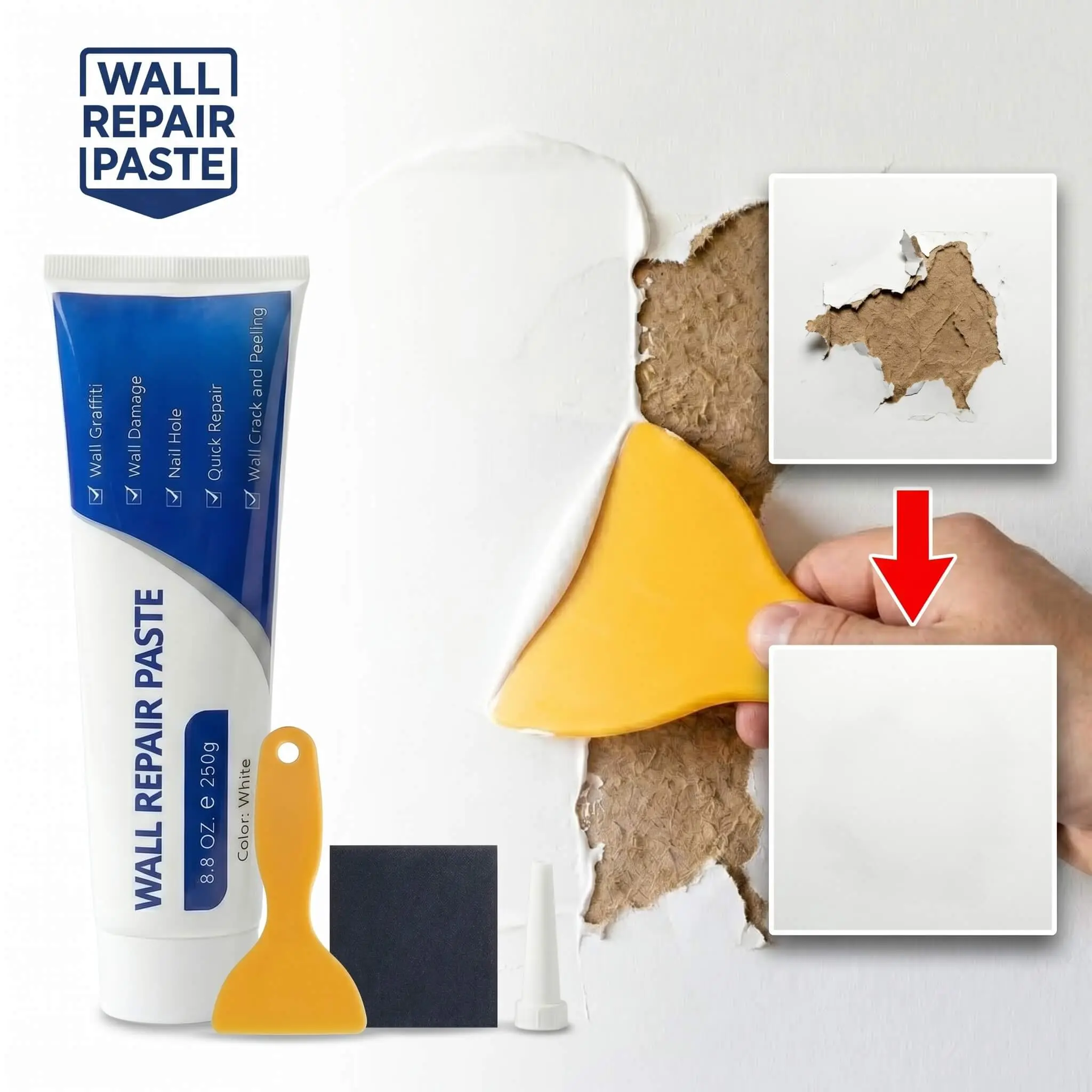 Instant Drywall Repair Patch Kit - Quick Drying Spackle Wall Putty & Hole Filler Paste for Nail Holes, Cracks & Scratches | Premium Wall Mending Agent with Scraping Board & Sandpaper - Renter Friendly DIY Solution (250g)