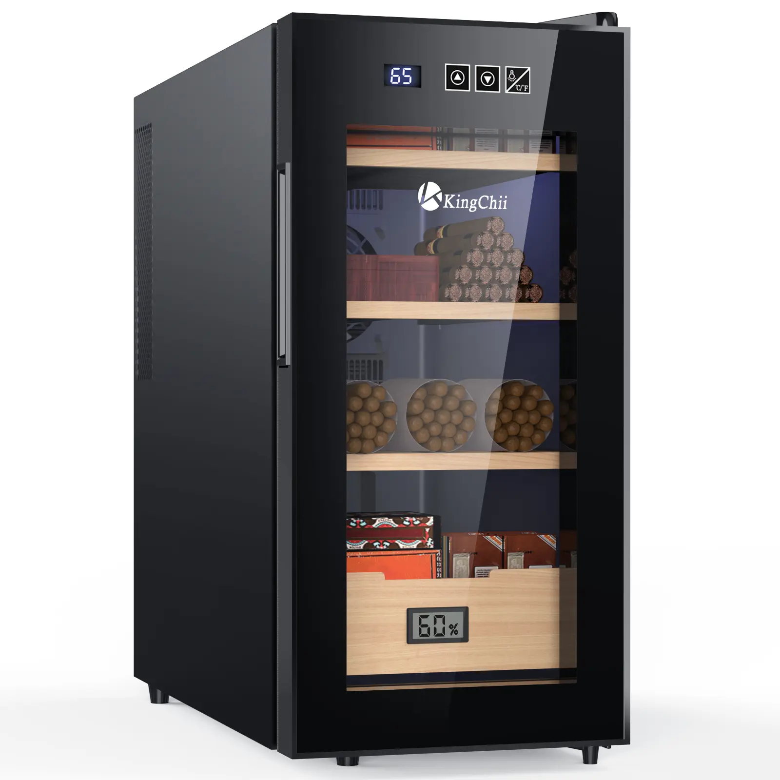 KINGCHII 26L Indoor Freestanding Humidifier Cabinet - Adjustable Temp, Built-in Hygrometer, Spanish Cedar Shelves, 4-Layer Storage, Quiet Mode, US Plug, Easy Setup, 22.7lb, Advanced Semiconductor Tech, Electronic Touch Control, 19.9inD x 9.9inW x 20.1inH