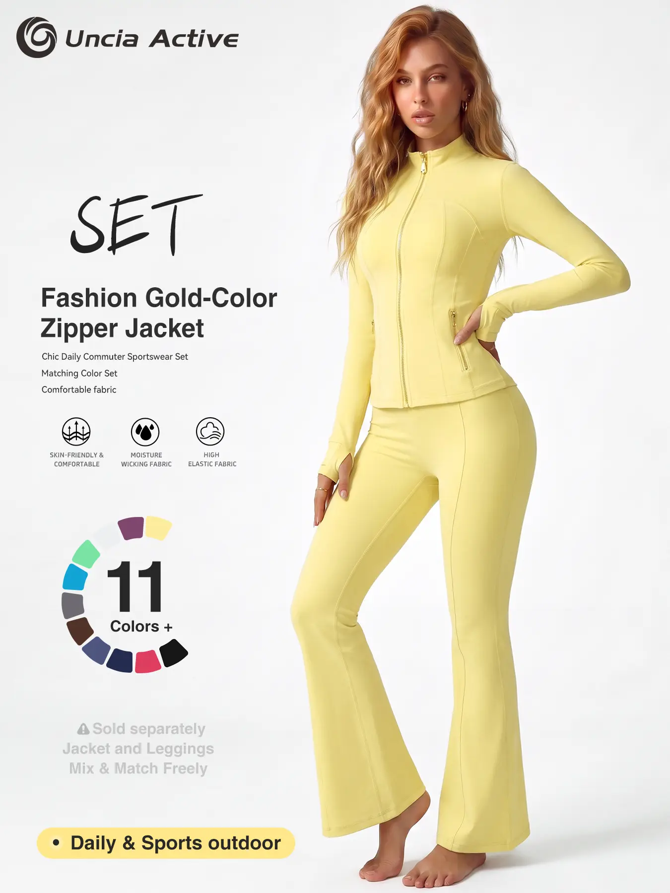 Women's 2-Piece Gold-Zipper Active Yoga Set - Soft Moisture-Wicking Stretch Jacket & High-Waist Flared Leggings, Skin-Friendly Gym Outfits, Matching Women's Clothes for Running Daily Commute, 2 Piece Sets,back to school,back to school haul