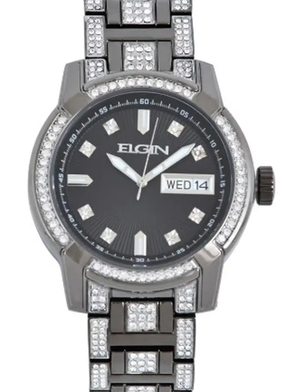 Elgin Men's Analog Alloy Gunmetal 52mm Round Face Wristwatch with Alkaline Batteries, Day Date Function, Alloy Bracelet (FG180021), Crystal, Quartz, Alloy Metal