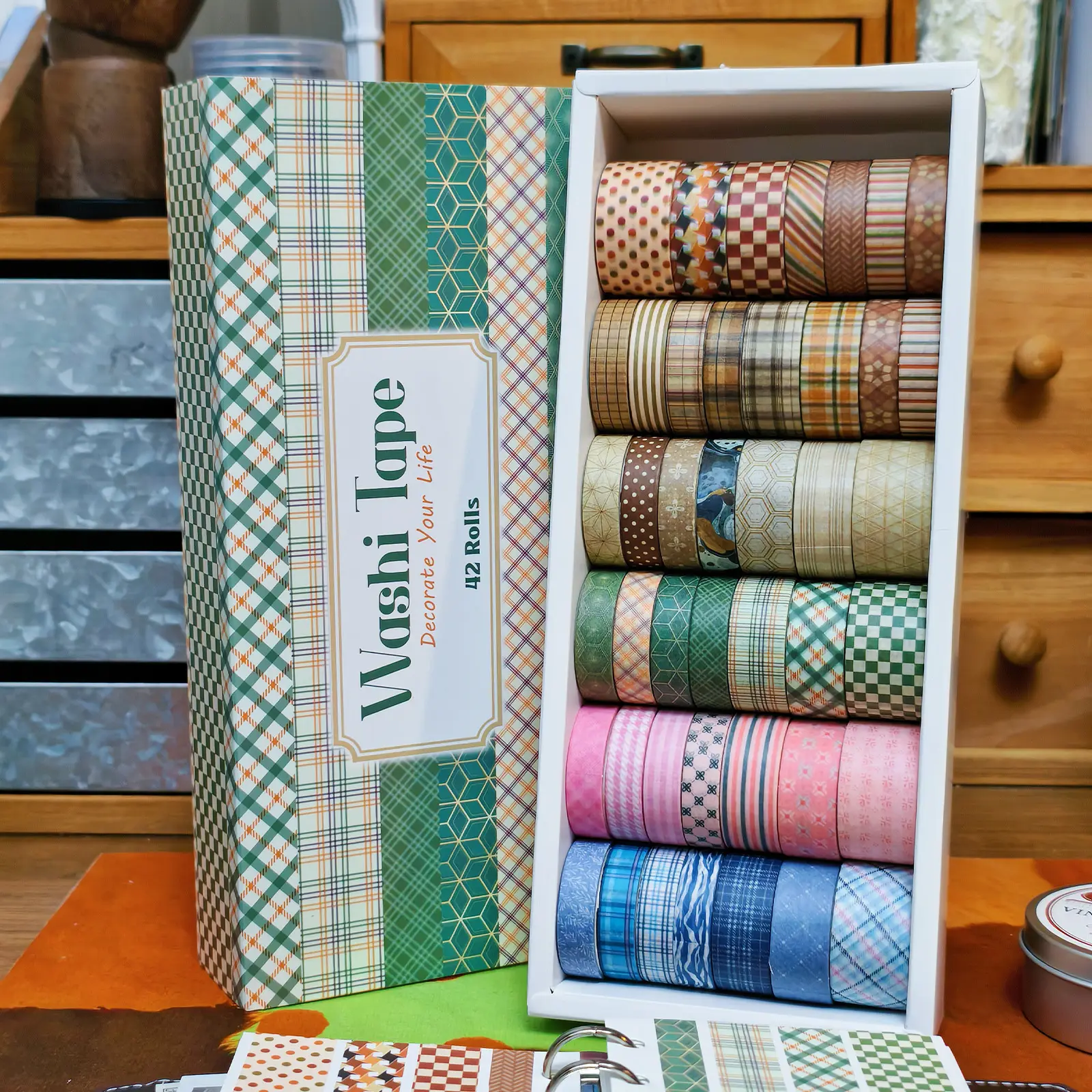 PRSTINCOL Festive Plaid Washi Tape Collection, 42 Rolls with Assorted Widths, Scrapbook Accessories for DIY Crafts, Christmas Card Making