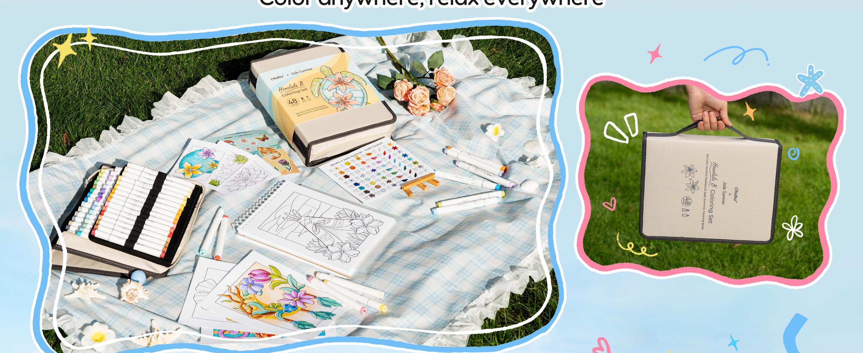 Ohuhu x Jade Summer Coloring Set: Brush & Fine Dual Tips - 47-Color - 47 Alcohol Markers & Coloring Book | Co-branded Coloring Kit,  Alcohol Markers Coloring Set for Stress Relief - Honolulu B Series of Ohuhu