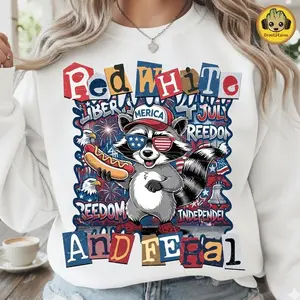 Funny Raccoon 4th of July Shirt, Red White and Feral USA T-Shirt, Cute Patriotic Raccoon Hot Dog Kids Independence Day Sweatshirt
