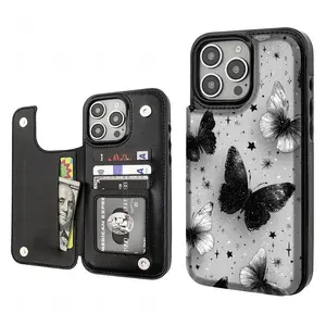 Insect Butterfly Pattern Phone Cases Compatible For With iphone 17 16 15 14 13 12 PRO PLUS MAX AIR PU Black Brown Pink Durable Flip High quality Leather Credit Card Bag Holder Mother Gift Wallet Shockproof Anti-Drop Full Protection Shell Cover Cross