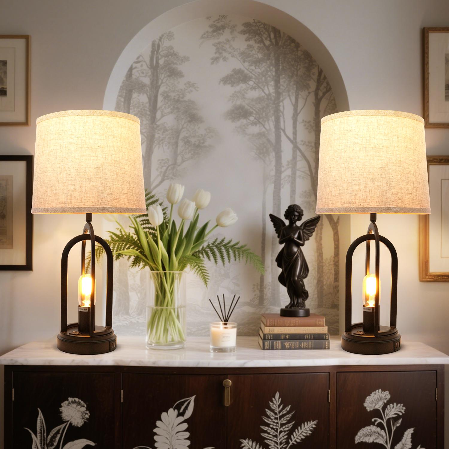 GLITGATE Set of 2 Rustic-Style Table Lamp, Natural Table Lamp with 2 USB Ports, Bedside Table Lamp with Button Control, Modern Night stand Lamp, Desk Farmhouse Lamp with Fabric Shad For Bedroom, Living Room, Reading, Decorative Home