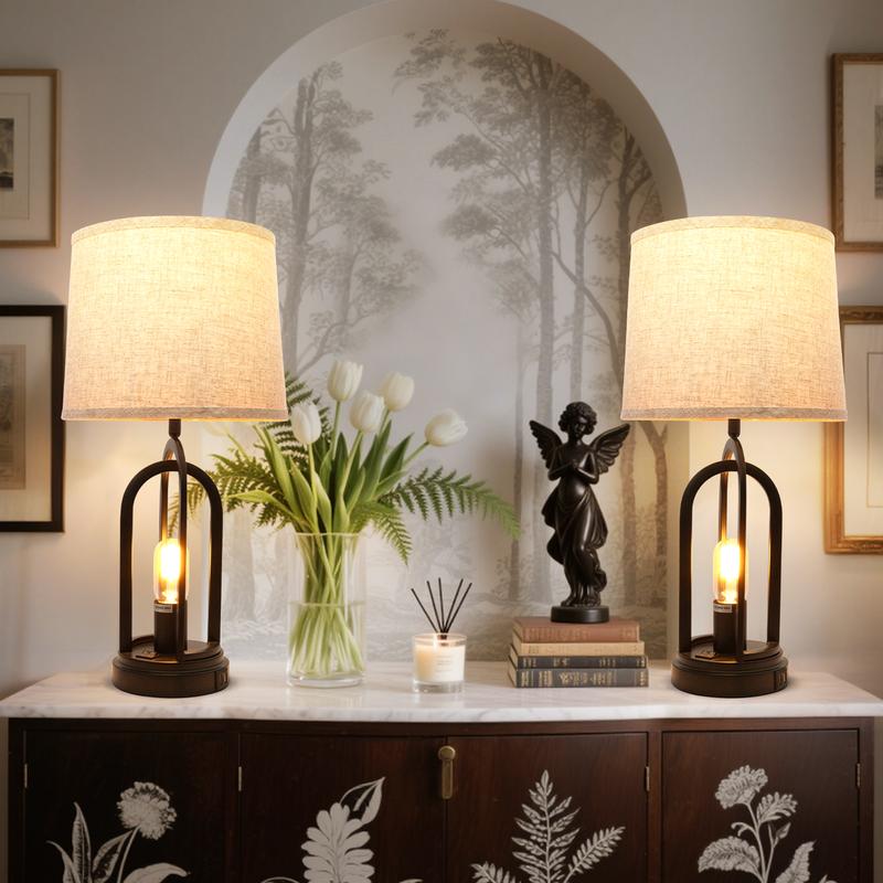 GLITGATE Set of 2 Rustic-Style Table Lamp, Natural Table Lamp with 2 USB Ports, Bedside Table Lamp with Button Control, Modern Night stand Lamp, Desk Farmhouse Lamp with Fabric Shad For Bedroom, Living Room, Reading, Decorative Home