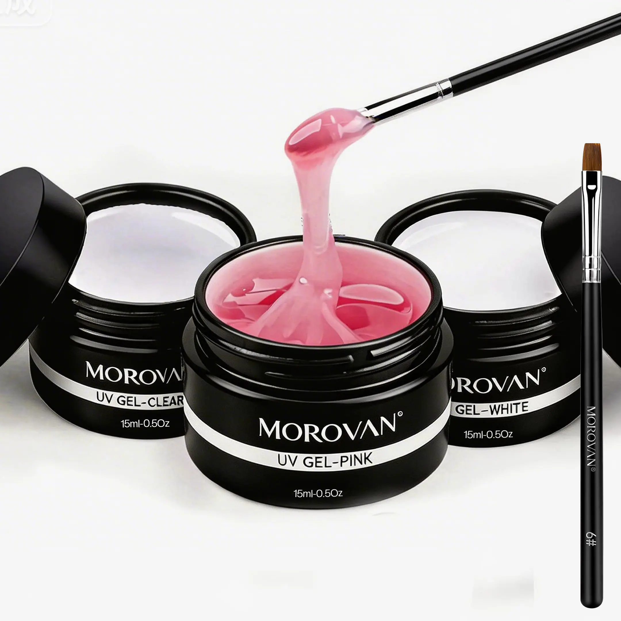 Morovan Builder Gel with Nail Brush – (Pink, White & Clear) Builder Gel for Nail Extensions, Sculpting & Nail Building | Long-Lasting UV Cure Salon Durable