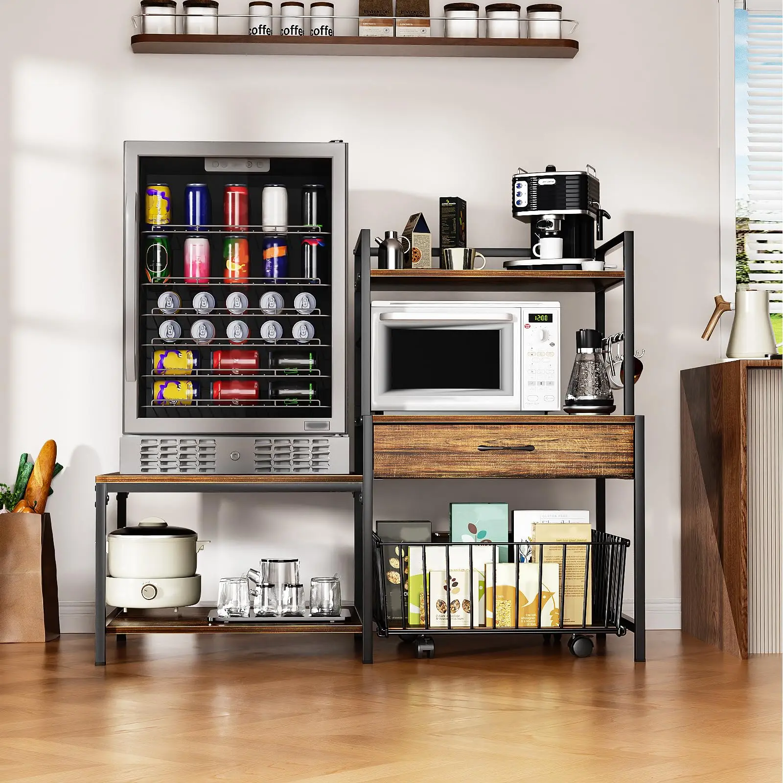 Heavy-Duty Modern Mini Fridge & Microwave Oven Stand Cabinet - MDF, Drawer Storage Organizer, Adjustable Shelving, Built-In Power Outlets, Moveable Basket, Scratch-Resist Top, Easy Assembly, High Load-Bearing, Single Unit for Dorm, Home Use, Sturdy
