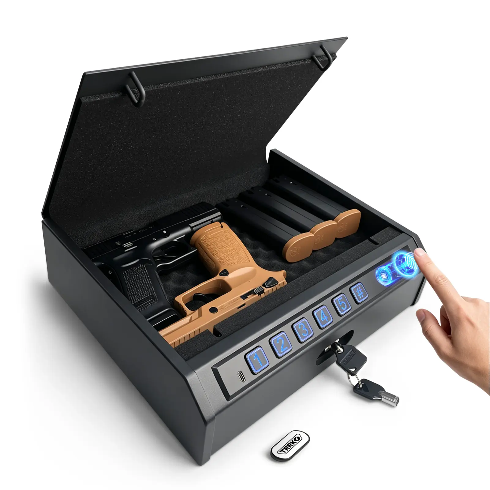 TRRKO Advanced Biometric Fingerprint Gun Safe - Compact Yet Spacious Lockable Family Safe with Quick Access, Silent Mode, LED Lights, Steel Cable, High-Res Scan, USB Backup, Ideal for Nightstands, Cars, Mens Gifts