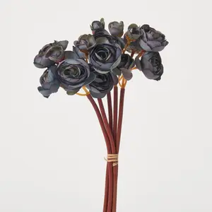 Radiant Midnight Blue & Green Mini Silk Ranunculus Bundle Bouquet of 5 Stems - 10"
