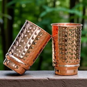 Pure Copper Hammered Drinking Cups - Ayurvedic Health Tumblers – 2 pcs. set -LACQUER Free (11.8 US Fl Oz) Traveller's Copper Cups for Ayurveda Health Benefits (Hammered)