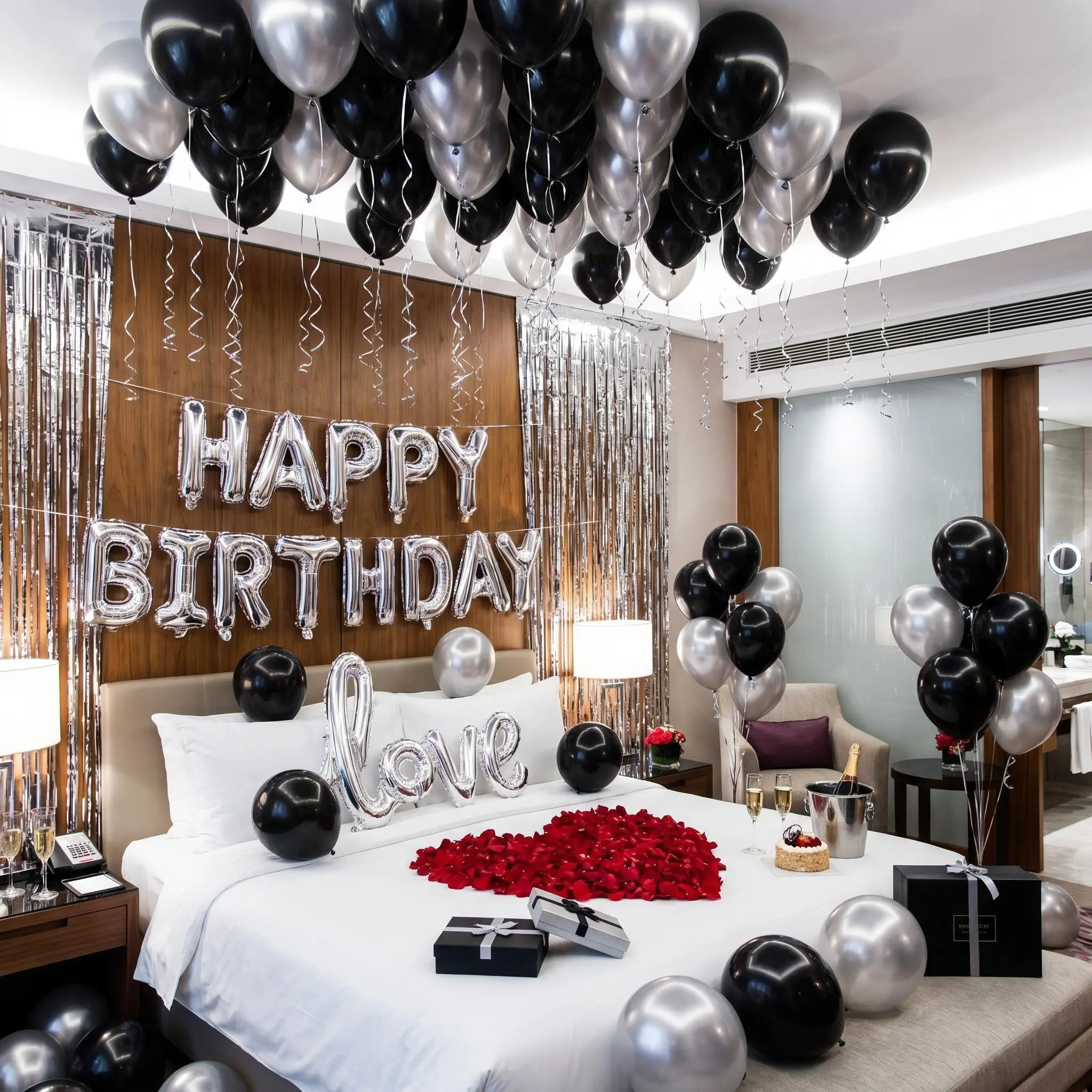 575pcs Silver & Black Reflective Metallic Balloon Decor Set - Bulk Fashion & Party Supplies with 500 Nonwoven Petals, 42.51in Banner Letters, Oval Aluminum Love Heart Foil, Thick Latex, Self-Seal Tape, Dark Aesthetic for Birthday, Business Decorations