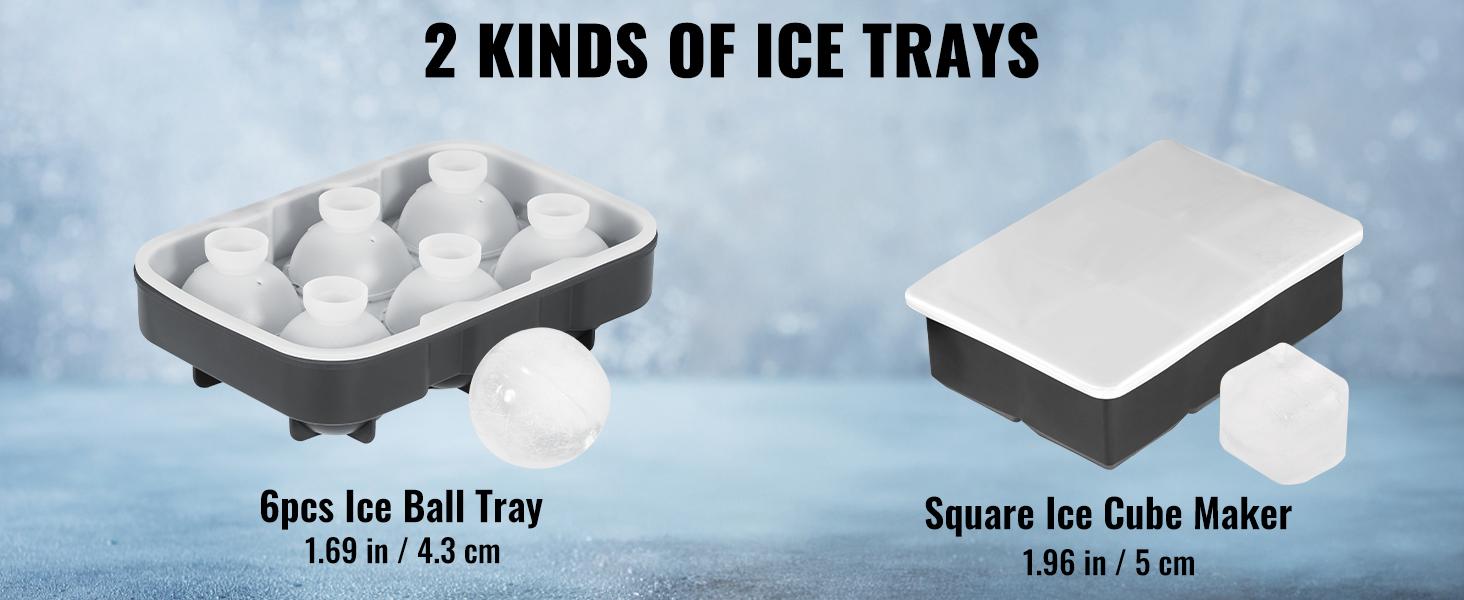 VEVOR Ice Cube Trays (Set of 2), 2-in-1 Combo with Silicone Sphere Ice Ball Maker & Large Square Ice Cube Maker with Lid, Reusable Easy Release BPA Free Ice Tray Set for Whiskey Cocktails Bourbon Kitchen Utensils