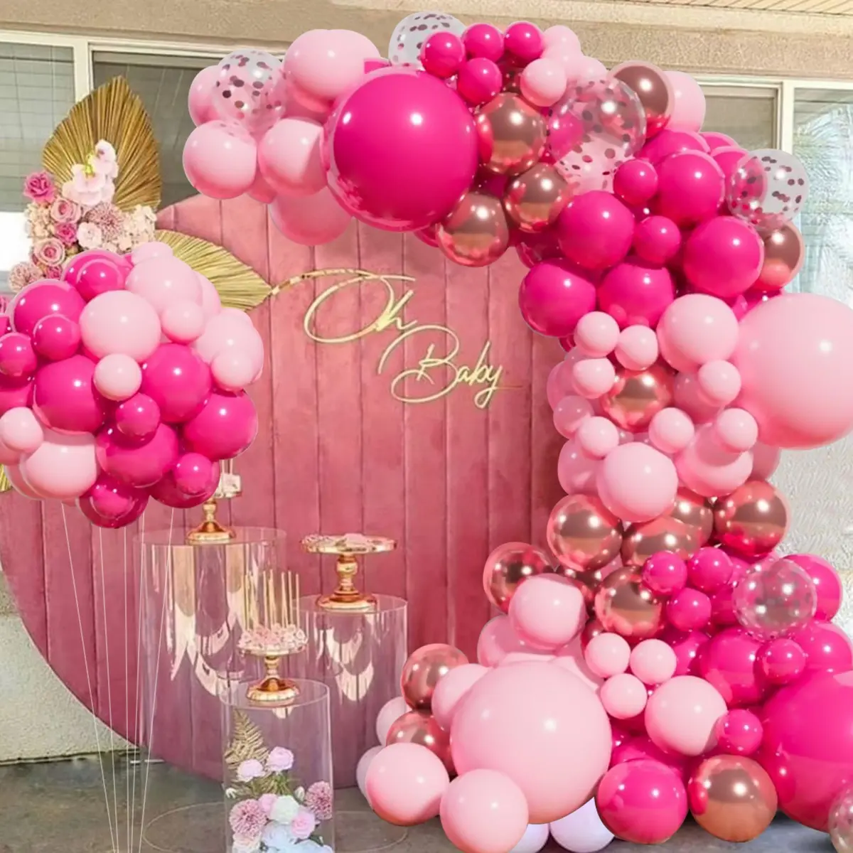 116 Pcs Macaron Pink Rose Red & Metallic Gold Balloon Garland Kit with Balloon Strip, Latex Balloon Arch Set for Wedding Engagement Girl Birthday Baby Shower Party Backdrop Decorations