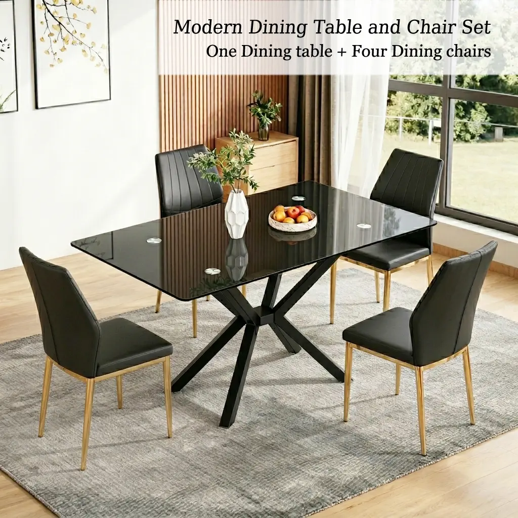 [2 Packages] Modern 5Pcs Glass Dining Table Set with 4 Chairs, Tempered Glass Kitchen Table & Ergonomic PU Leather Chairs for Small Space Apartment, Black+Gold