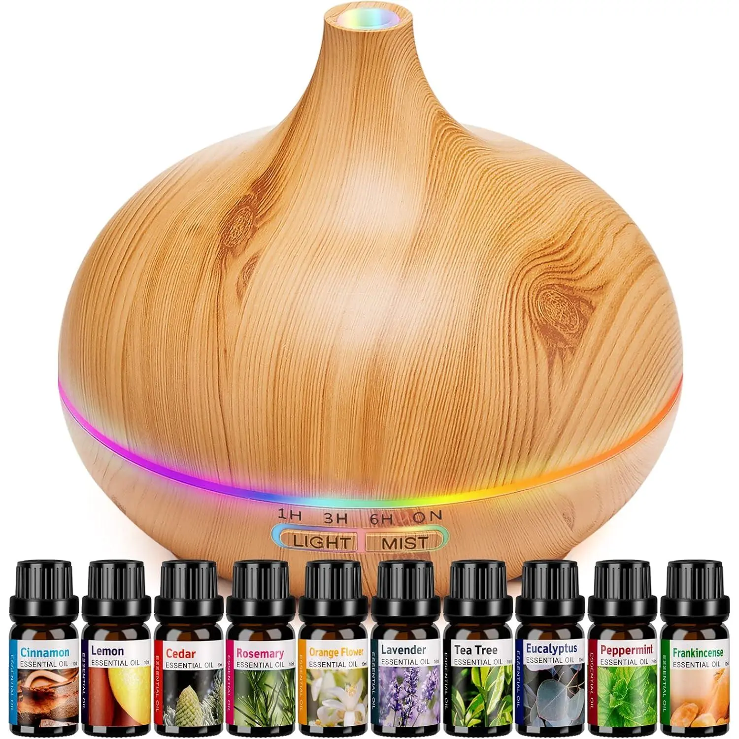Ultrasonic Aroma Diffuser Cool Mist Humidifier Vaporizer with Backlight, 10 Essential Oils, Built-in 1h-3h-6h Continuity Timer - Large Room Home Use for Children