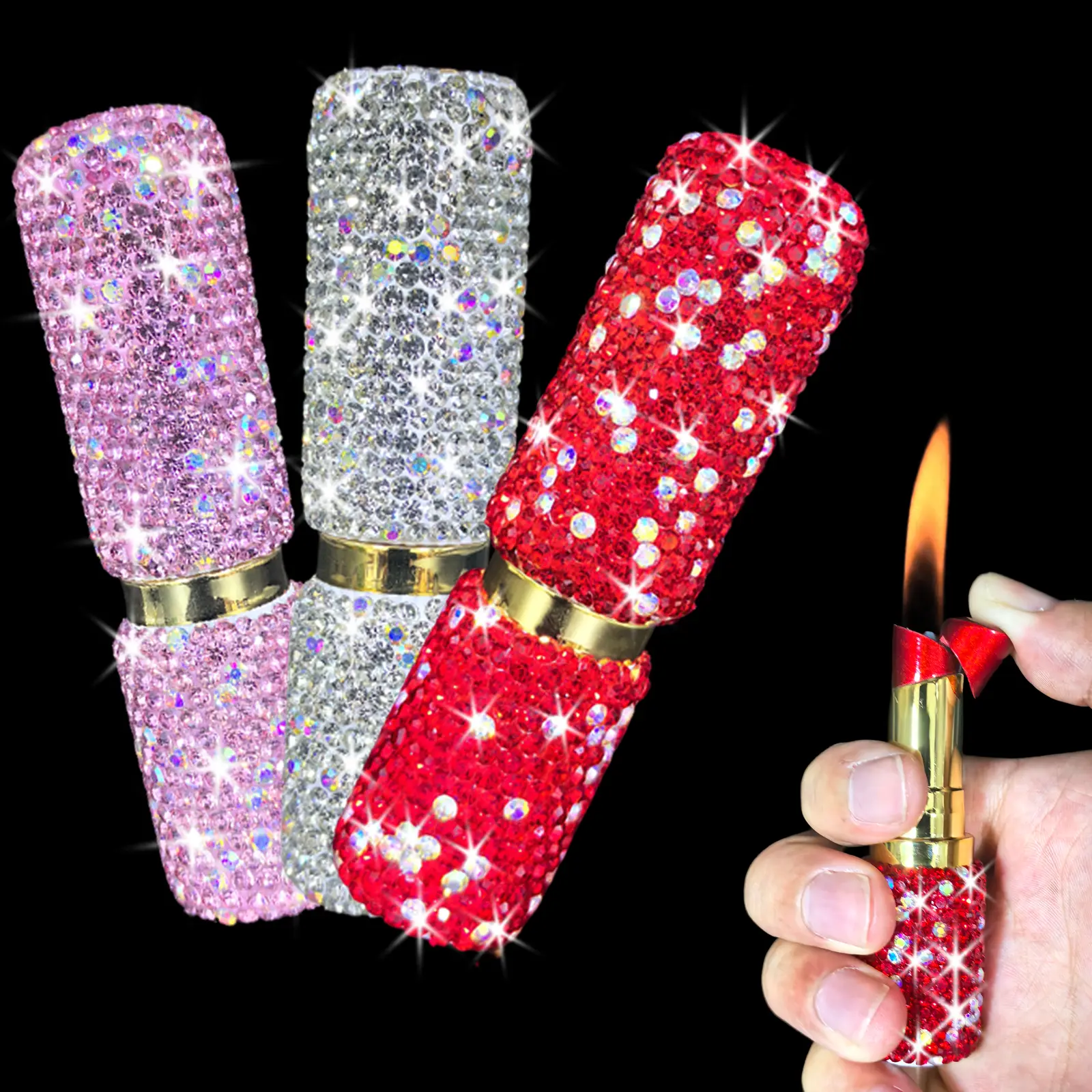 (Butane Not Included) Luxury Bling Rhinestone Lipstick Lighter,  Soft Flame Refillable Butane Lighters with Adjust Flame Tool, Cool Lighters for Women,Girls, Ladys,Birthday,Anniversary