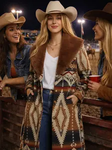Netty Glam Aztec-Print Coat with Contrast Fur Collar - Stylish Western Fashion for Colder Seasons