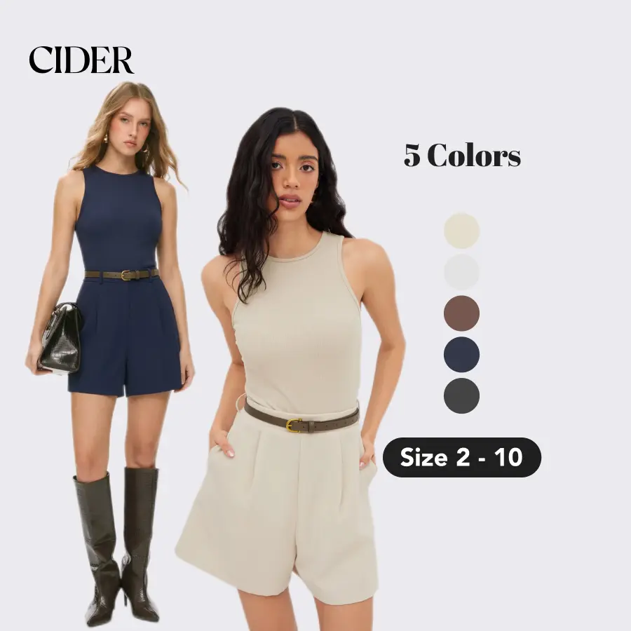 Cider Women's Lady Overalls Clothes, Cider Round Neckline Pocket Romper With Belt, Casual Black Rompers for Women