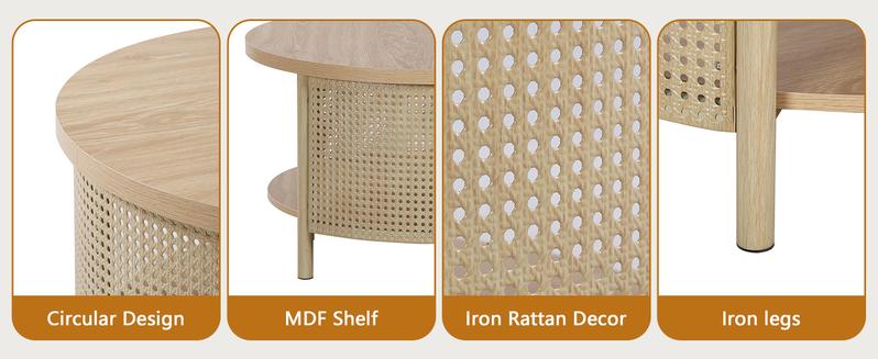 Giratree 31.5" Round Coffee Table for Living Room, 2-Tiered Iron Rattan Center Table Boho Modern Coffee Table with Storage, Wooden Circle Coffee Tables for Home, Office, Cafe