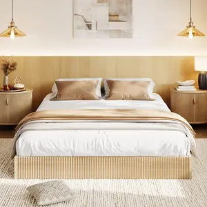 Wood Bed Frame, Wooden Platform Bed with Fluted Design, King Bed Frame with Study Support, Easy Assembly, No Box Spring Needed, Noise Free, Oak