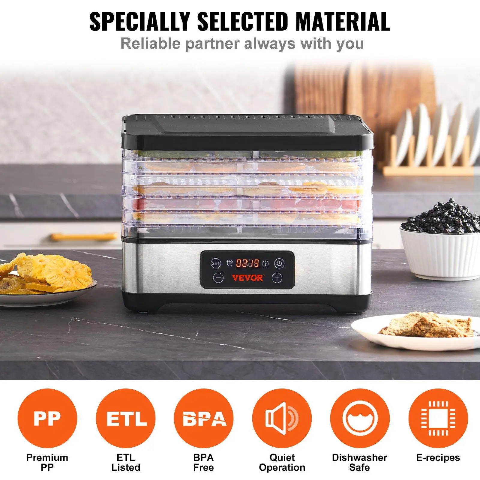 【Summerfinds】VEVOR 300W Electric Food Dehydrator, 5-Tray Home Cooking Dryer with Digital Display, Adjustable Temp & Timer, ETL Listed for Drier Herbs & Jerky, Dog Treats, Vegetables