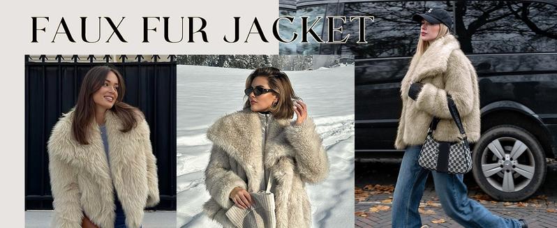 Faux Fur Jacket for Women Lapel Cropped Furry Coat 2026 Spring Fluffy Faux Fur Jacket Long Sleeve Winter Open Front Shaggy Parka Outerwear Casual Womenswear with Side Pockets-Cocktail Elegant Festival