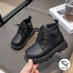 Boys' Vintage-Inspired Black Leather Casual Boots with Zipper Durable Non-Sole Everyday Wear Comfortable & Stylish