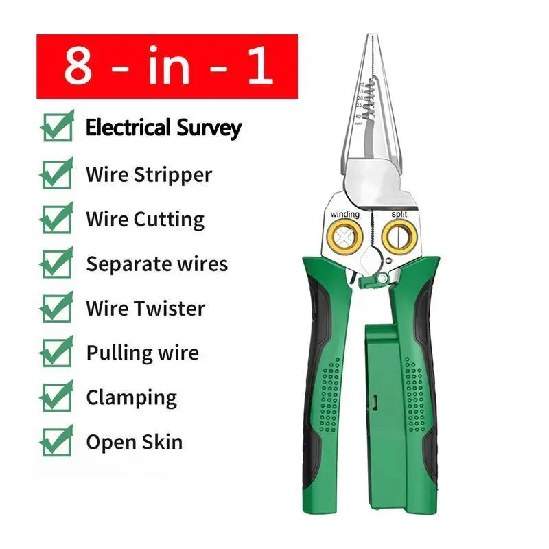 Fathersdaygift 8-in-1 Wire Stripper for Electrician: Needle Nose Pliers with Voltage Tester & Dual Alarms - Electrical Pliers for Cutting Wires, Pulling Wires and Crimp Wires multi-function plier Fathers Day Gifts