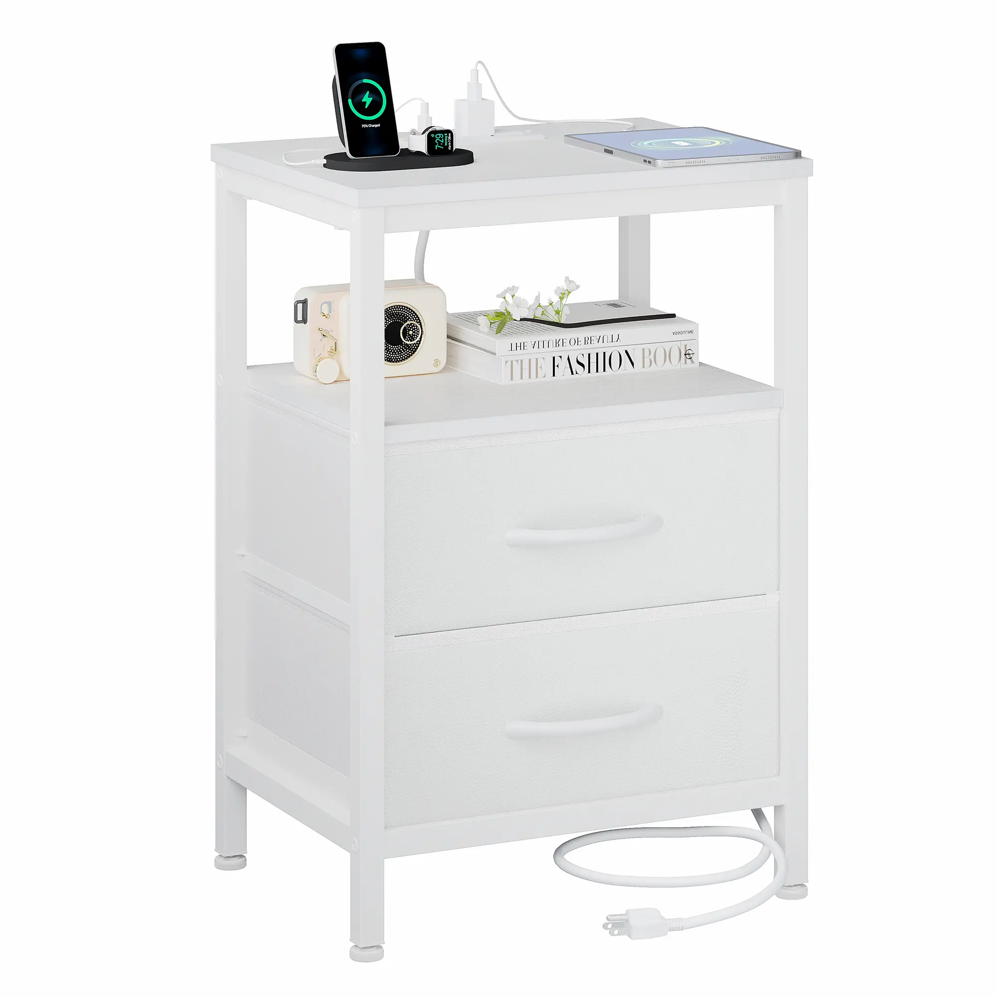 Sweetcrispy Nightstand - Narrow Nightstands for Bedroom, Indoor Furniture Bedside Table with Charging Station, 2 Fabric Drawers, USB Ports and Electrical Outlets, Narrow Nightstand