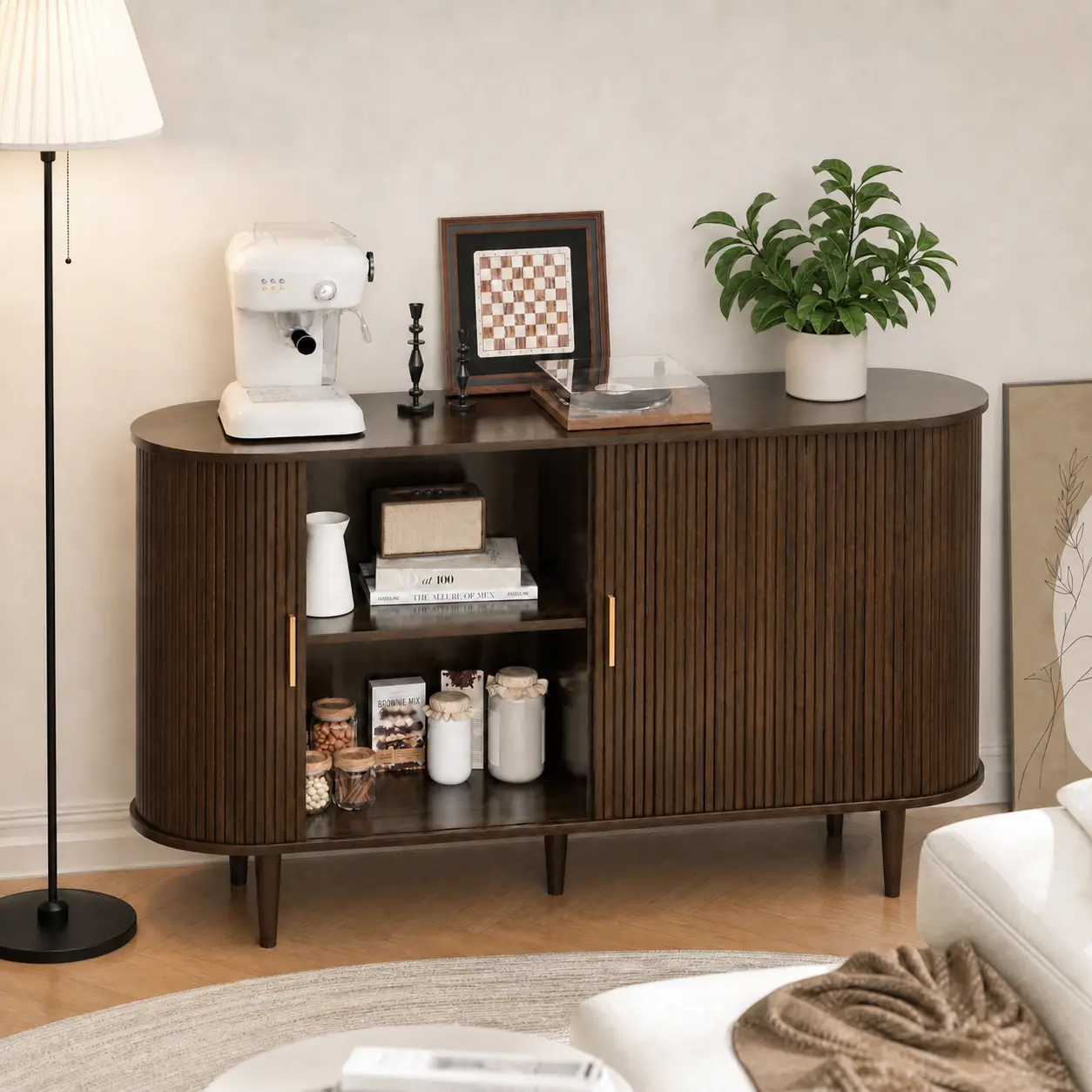 【Sideboard Cabinet】Wood Mid-Century Furniture with Curved Edge, Fluted Panel, Tambour Sliding Doors, Adjustable Shelves, 40/47/55/70 in Buffet Credenza for Dining Room, Coffee Bar Station, Modern