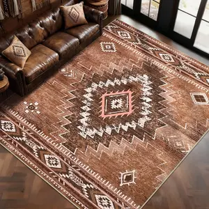 Area Rug Western Aztec Design Living Room Southwestern Tribal Navajo Non-Slip Machine Washable Low-Pile Indoor Carpet for Dining Bedroom Office