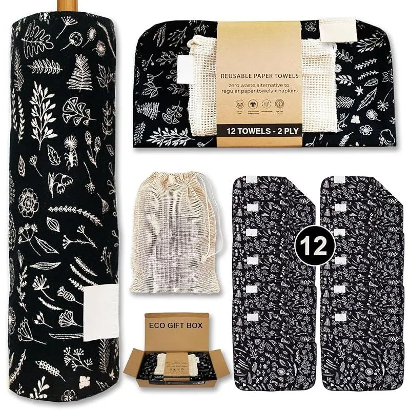 Reusable paper towels with cleaning bag included| Charcoal Black 12 Washable Eco-Friendly Paper-Free Napkins Kitchen Washable Reusable Paper Towel Rolls