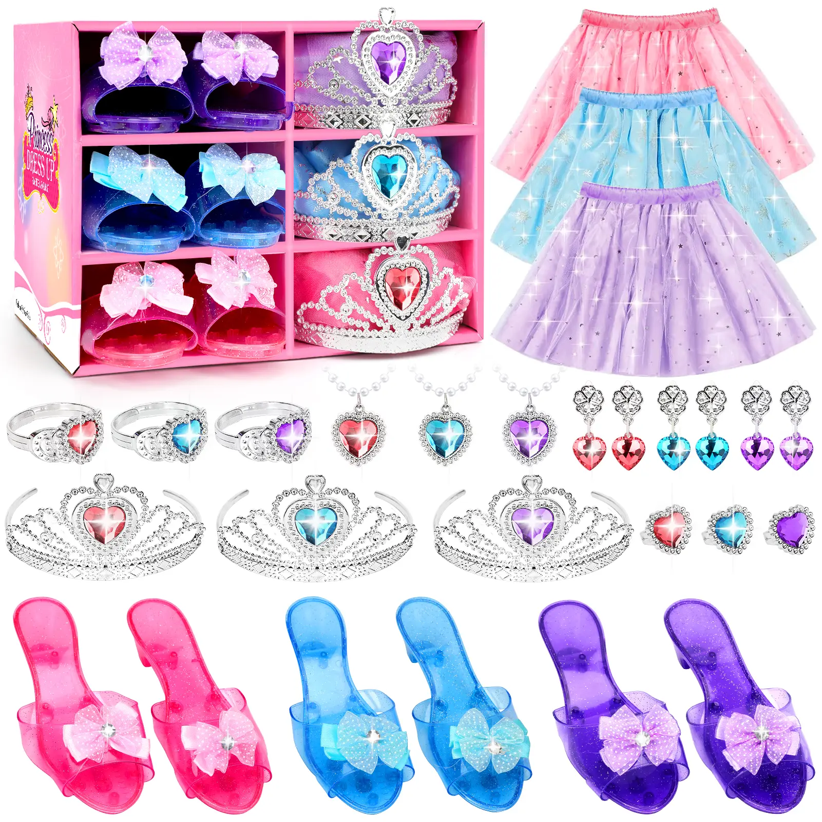 Princess Dress Up Clothes for Girls, 28PCS Pretend Play Costume Set with Skirts, Shoes, Crown & Jewelry, Toddler Role Play Outfit Toys, Ideal Birthday Gift for Little Girls Age 3+
