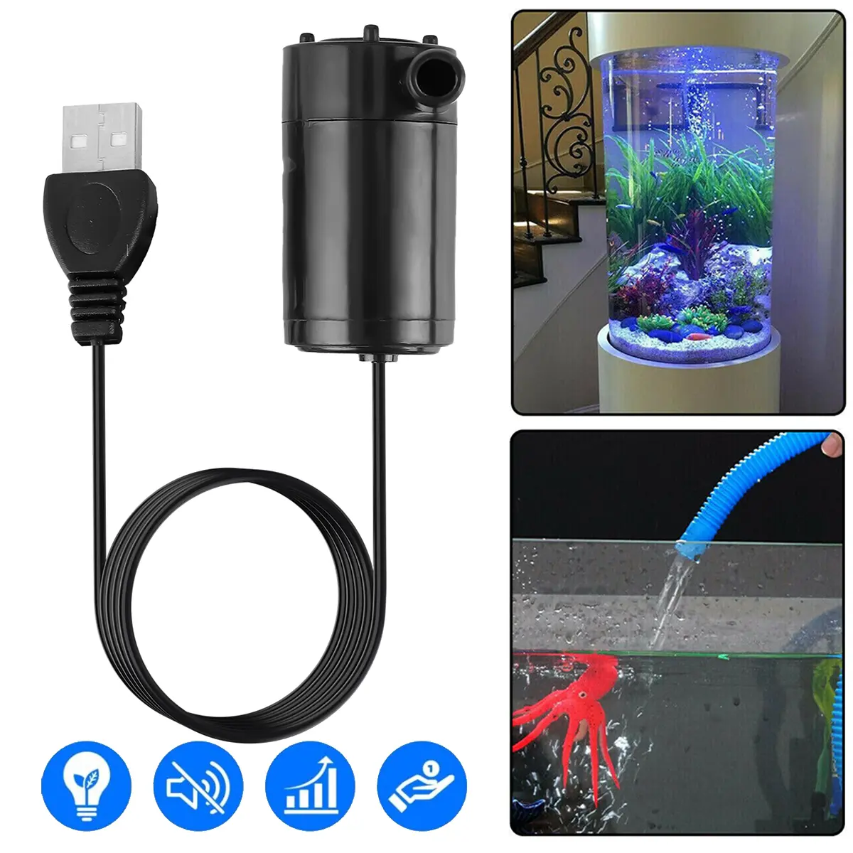 Mini Ultra-Quiet Submersible Water Pump - USB 5V Powered, 1M Cable Efficient Pump, Compact Size, Energy Saving, Environmental Protection, Detachable, Easy Setup for Small Fish Tanks, Tabletop Fountains, Aquarium Supplies