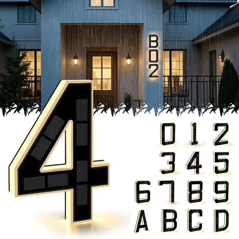 9 Inch Solar LED House Numbers - Waterproof Outdoor Address Signs, Multiple Style Options, Modern Farmhouse Illuminated Exterior Decor