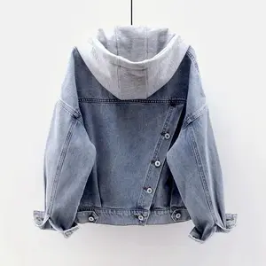 Blue Deconstructable Hooded Turn-down Collar Denim Jacket Women Loose Button Patchwork Outwear Jean Coat Female Outerwear Casual Basic Long Sleeve Tops Womenswear