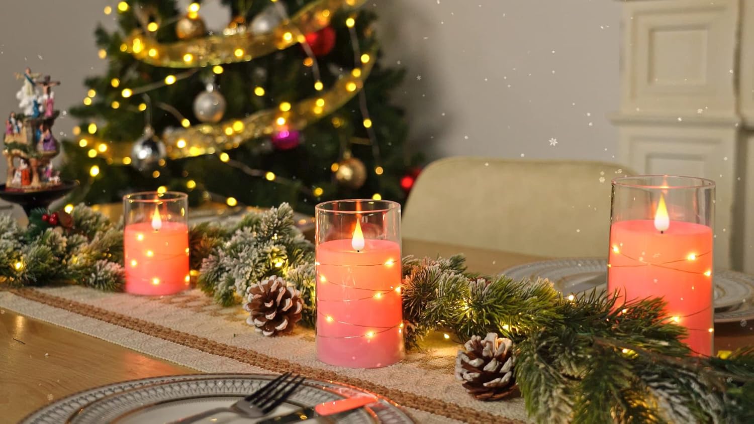Flickering Flameless Candles with String Fairy Lights Battery Operated LED Candles Unbreakable Plexiglass Pink Set of 3 with Remote Control for Home Decor