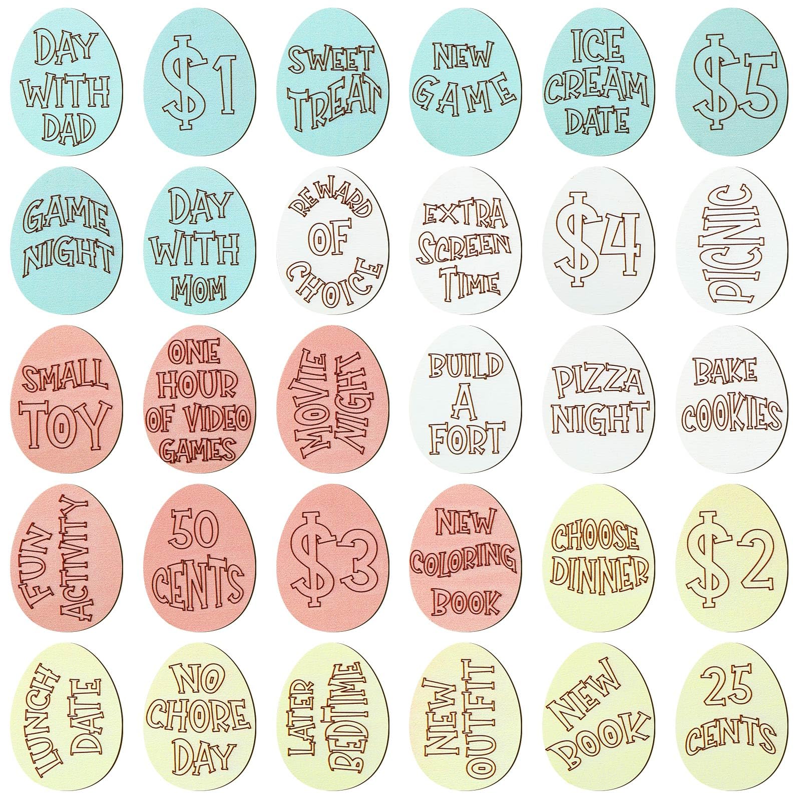 Easter Egg Tokens 30/120 Pcs Reusable Wooden Reward Tokens with 20 Engraved Sayings + 4 Gift Bags - Kids Teens Classroom Prizes Non-Candy Easter Basket Stuffers Spring Party Supplies Set