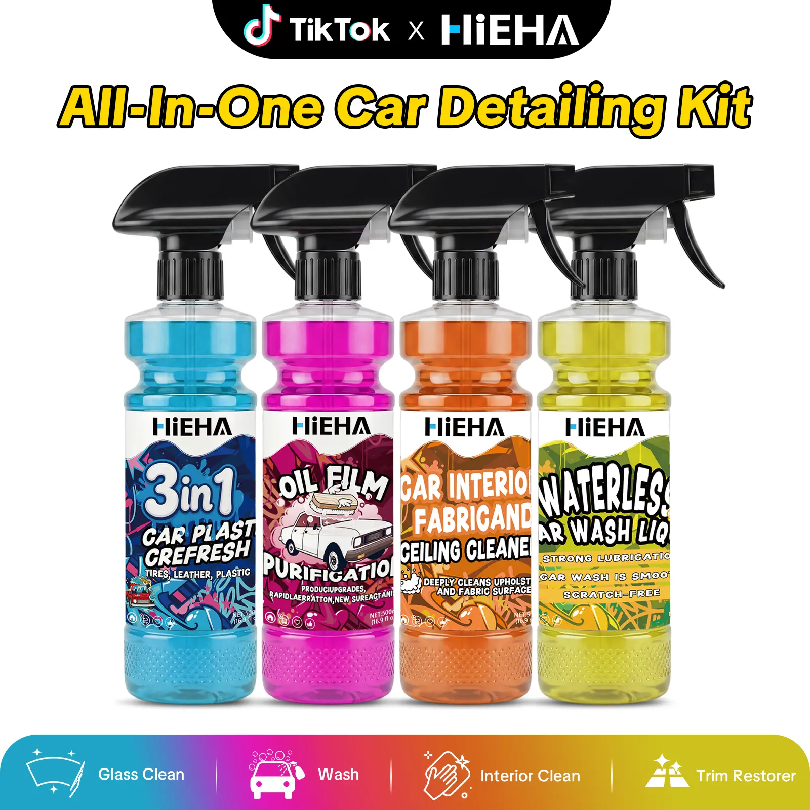 HiEHA Deep Cleaning Car Multi-Use Kit, 4-Bottle Auto Care Liquid Set with Microfiber Cloths & Tools - Glass Oil Film Remover, Citrus Interior Cleaner, Waterless Wash, Plastic Trim Renewal Solution, Daily Care
