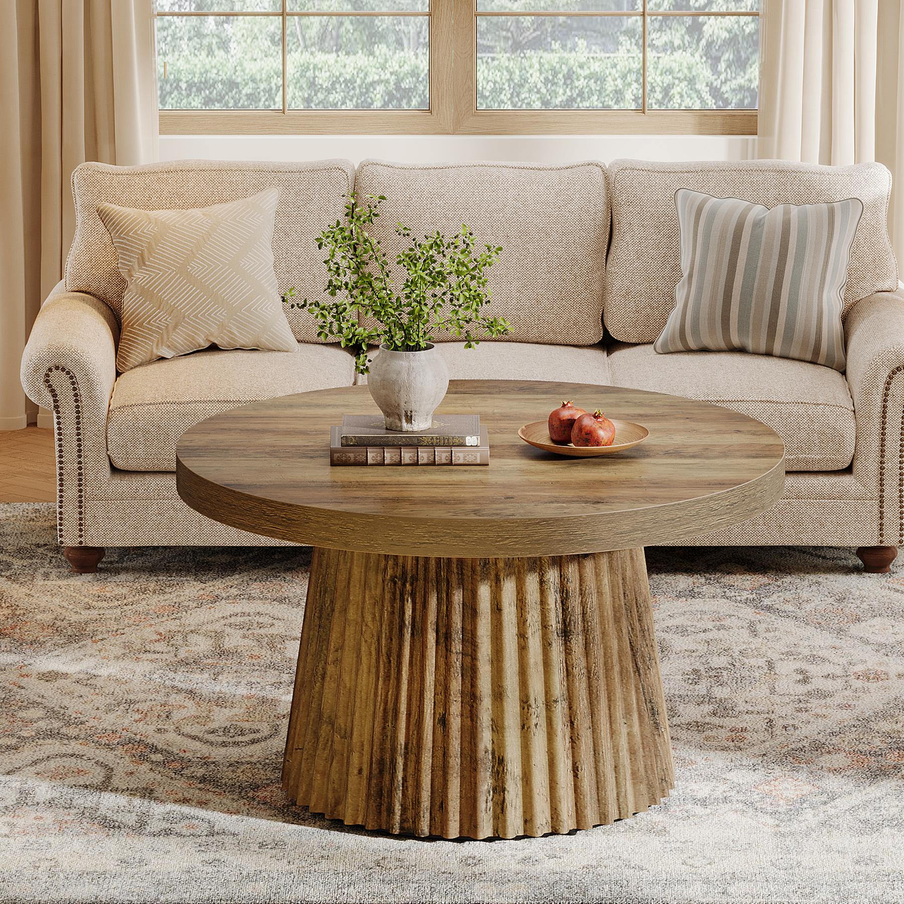 LITTLE TREE Round Coffee Table, 31.5" Modern Circle Center Table with Fluted Drum Base and Wood Grain Finish, Minimalist Accent Cocktail Table for Living Room, Apartment, Small Space LITTLE TREE Round Coffee Table, 31.5" Modern Circle Center Table with Fluted Drum Base and Wood Grain Finish, Minimalist Accent Cocktail Table for Living Room, Apartment, Small Space