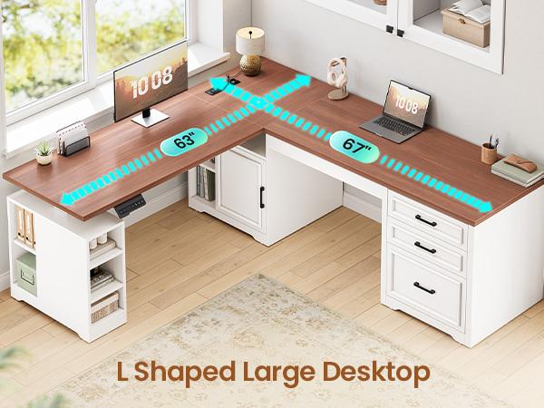 Sedeta 63 Inch L Shaped Electric Standing Desk Height Adjustable Computer Desk with Drawers Shelves Power Outlet Tiltable Tabletop Wood Workstation