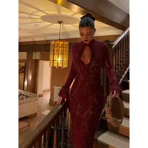 Sexy Lace Hollow Out Women Dress Elegant Long Flare Sleeve Slim Fit Female Split Dress 2025 New Party Birthday Ladies Vestidos Formal Womenswear Red Elegance Fashion Feminine Overall Statement Comfort Workwear