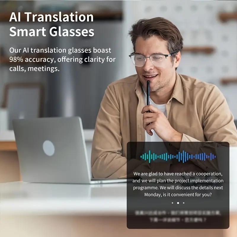 High-End AI Semi-Rimless Smart Glasses  164-Language Real-Time Translation | Open-Ear HD Audio, Bluetooth Calls & Music | Stylish Photochromic Lenses | Hands-Free, Lightweight & Comfortable for Daily Wear, Travel & Commuting | Easter gift