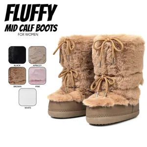 Womens Faux Fur Boots Cozy Fluffy Faux Fur Plush Snow Boot Round Toe Platform Heel Lace Up Non-Slip Comfortable Warm Cotton Ski Boot for Fall Winter Spring Summer Work Casual Festivals Outings Holidays Outdoor Chill Day Mid Calf Dressy Shoes