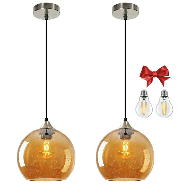 Amber Glass Pendant Light - Large 9.1in Home Indoor Ac-Powered Fixture, Includes 2 Bulbs, 4.92FT Adjustable Cord, Light Up Your Space for Kitchen Island, Dining Room, Includes Bulbs
