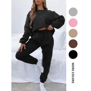 Women's Solid Drop Shoulder Sweatshirt & Drawstring Waist Sweatpants Set, Casual Fashion Cozy Round Neck Long Sleeve Pullover & Pocket Jogger Pants for Daily Wear, Ladies Two-piece Outfits for Fall & Winter
