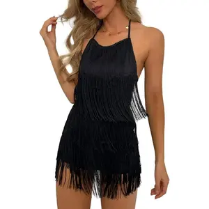 Backless Fringe Dress Jumpsuit - Western Country Concert Cowgirl Outfit for Women Nashville Tassel Romper Bohemian Womenswear Breathable