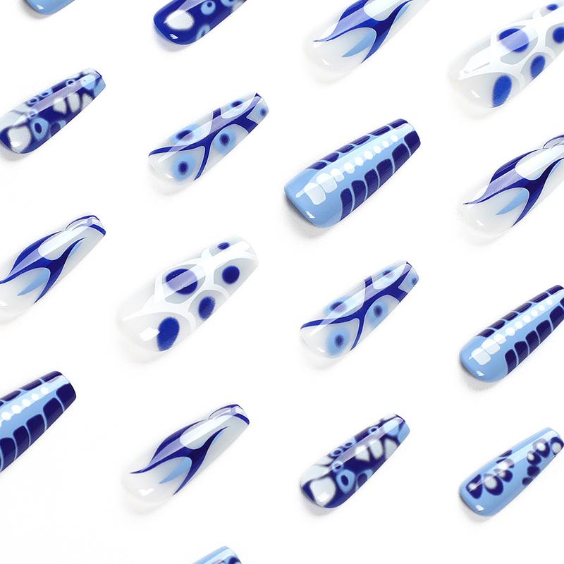 24PCS Blue Crocodile Pattern Design Press on Nails Long Coffin Nails with Goth Style Glossy Nails Reusable Nails Swirl Freestyle Removable Nails for Women DIY Nails Art & Nails Care
